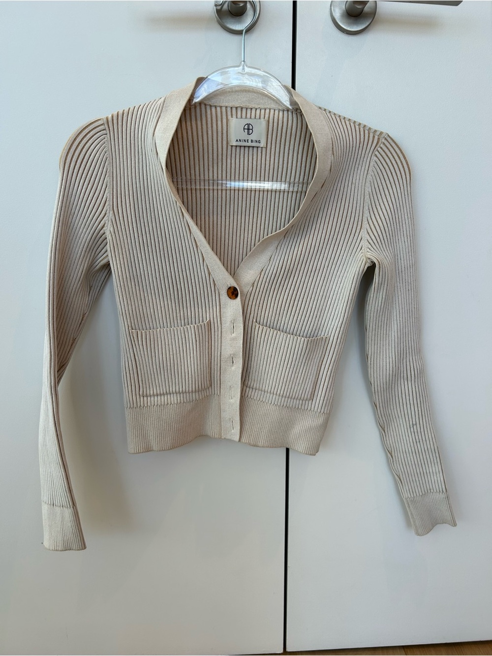 ANINE BING Women's Cream Ribbed V-Neck Cardigan